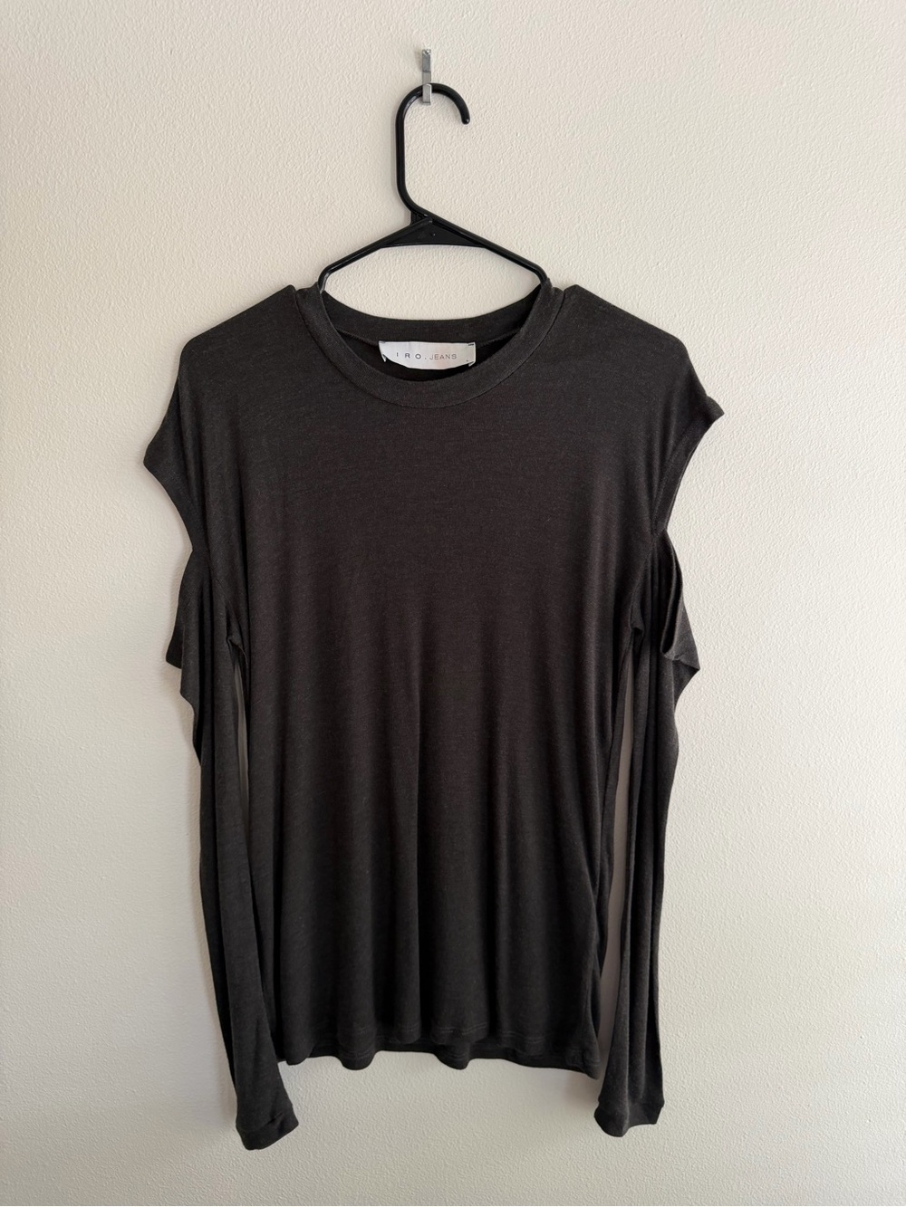 IRO Jeans Deep Gray Long Sleeve Draped Top with Open Shoulders